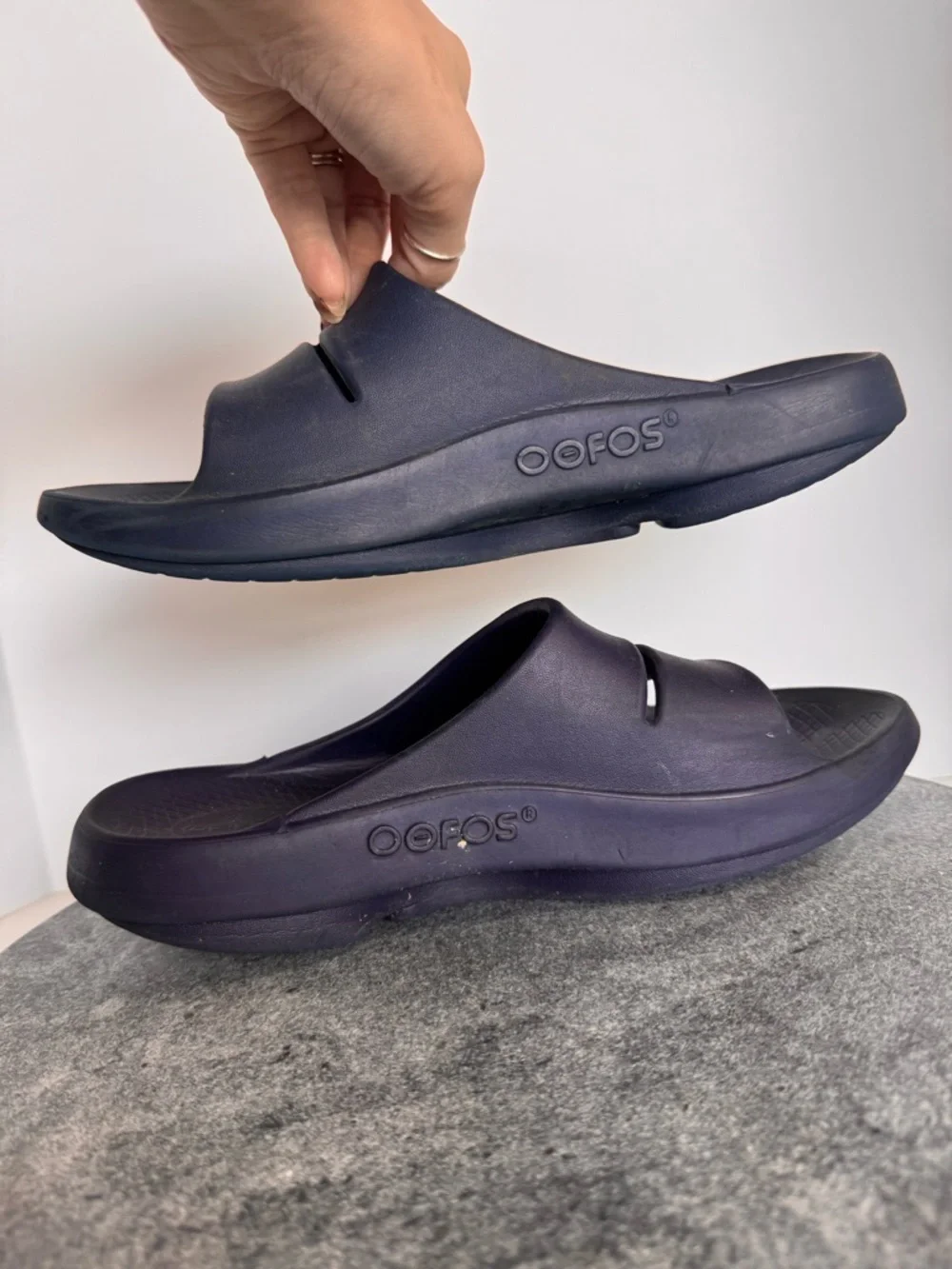 Oofos Ooaahh Navy Blue Rubber Slides Sandals Shoes 42
